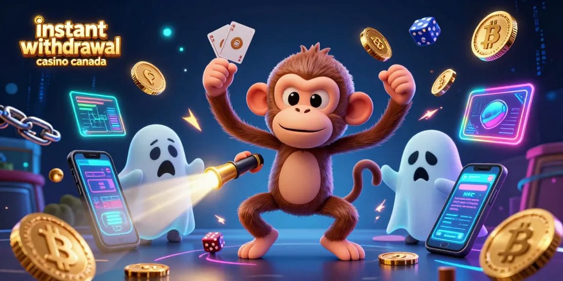 Experience instant thrills at this instant withdrawal casino Canada scene with vibrant characters and crypto elements.