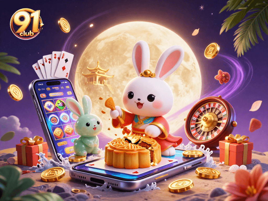 Experience the excitement of 91 club with vibrant casino games unfolding in a magical scene.
