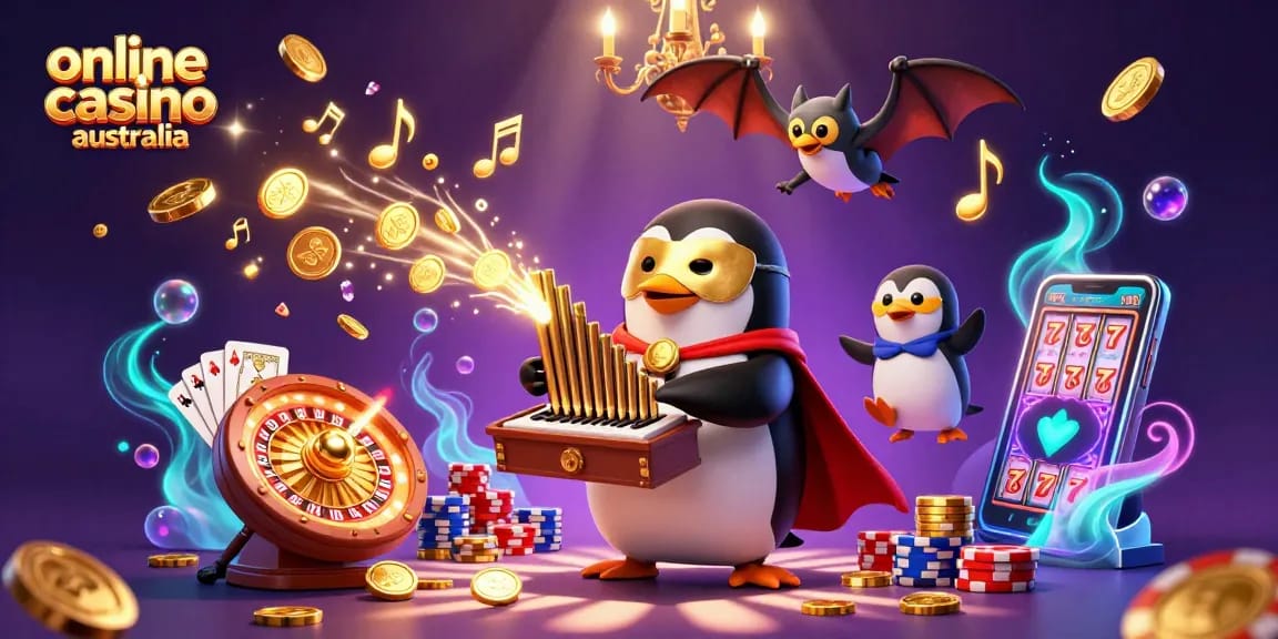 Experience thrilling gameplay at online casino australia with a captivating penguin organist surrounded by dazzling casino elements.