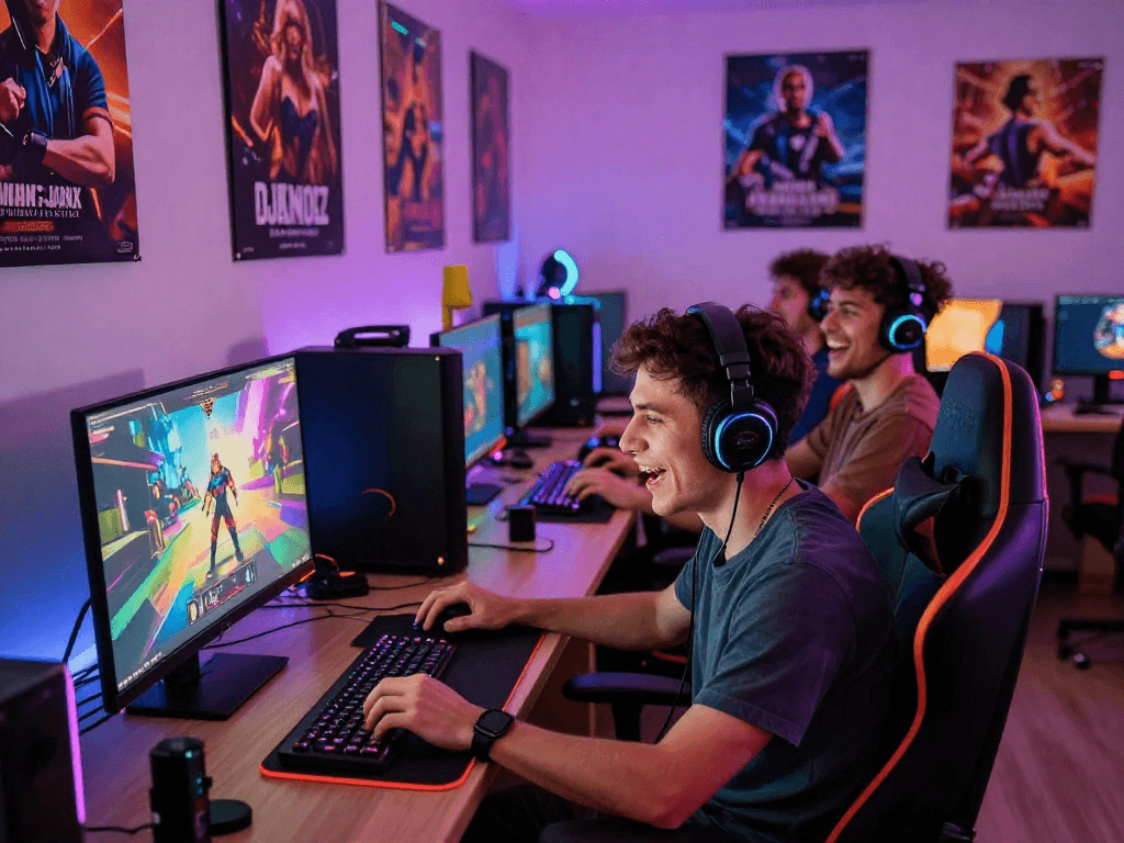 Engaging gamers play porn games online together in a vibrant, high-tech setting.