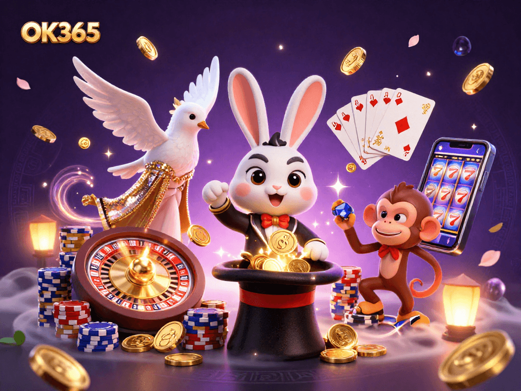 Experience the thrill of OK365 with a magician rabbit and dazzling casino elements.
