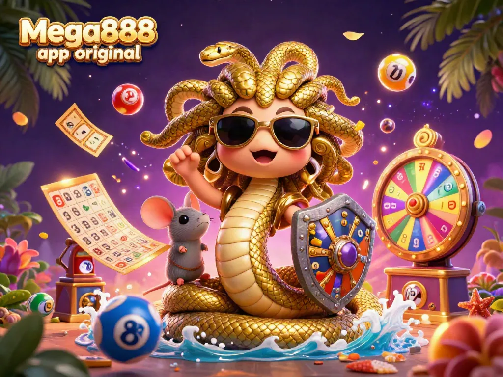 Play the mega888 app original with vibrant casino elements and engaging characters in a dynamic scene.