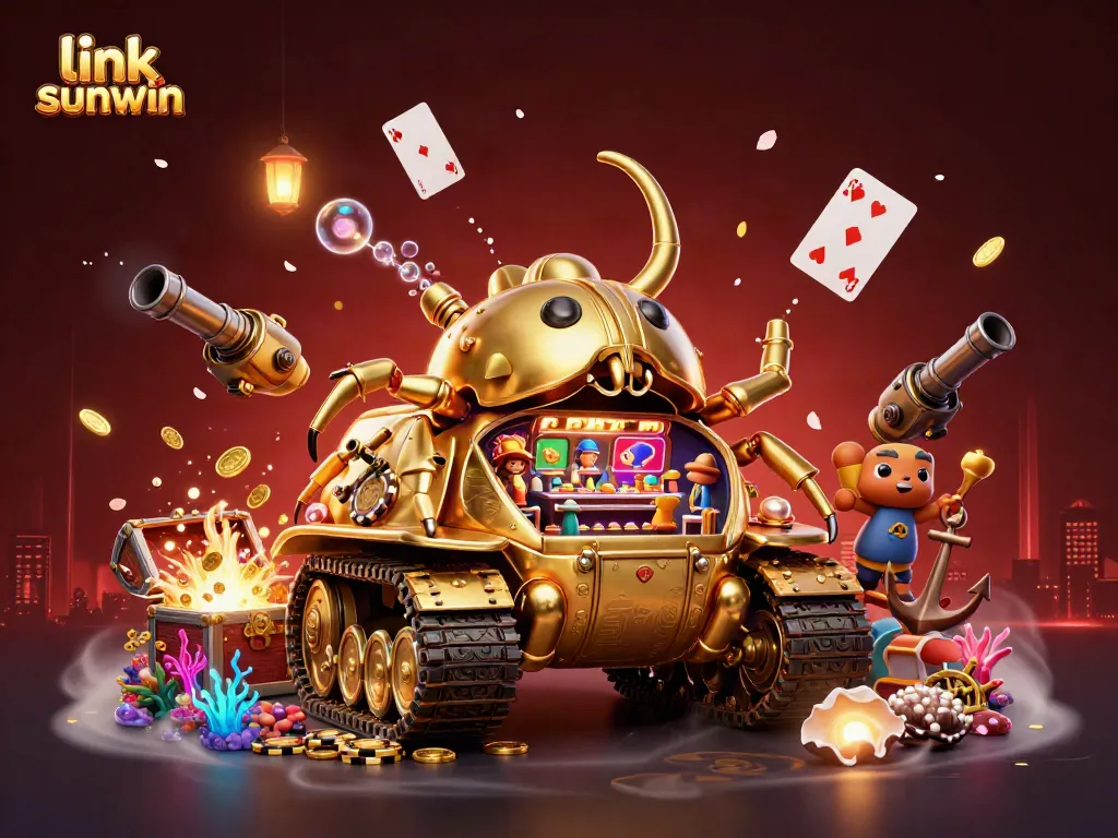 Experience the excitement of link sunwin with vibrant colors and casino elements in this stunning 3D scene.