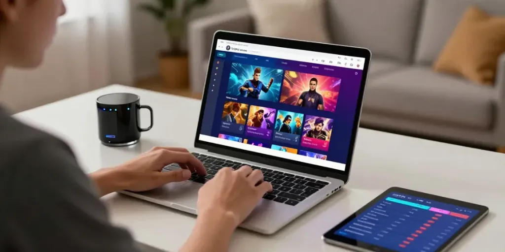 Pengguna rokok88 login di laptop dengan latar belakang ruang tamu modern.