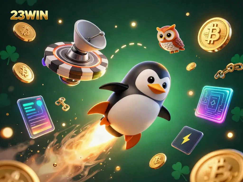 Experience the excitement of 23WIN with a golden penguin and casino elements in a cosmic scene.