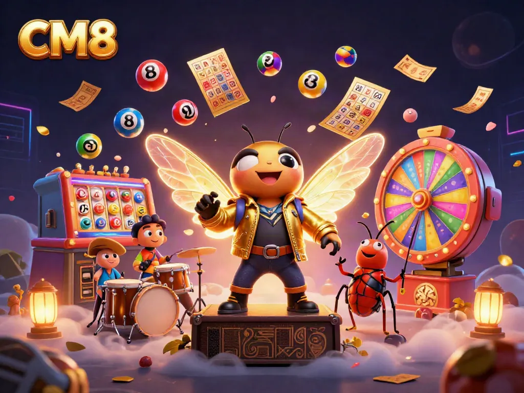 Engaging CM8 illustration showcasing a vibrant online casino entertainment scene with a cicada rock star and lively game elements.