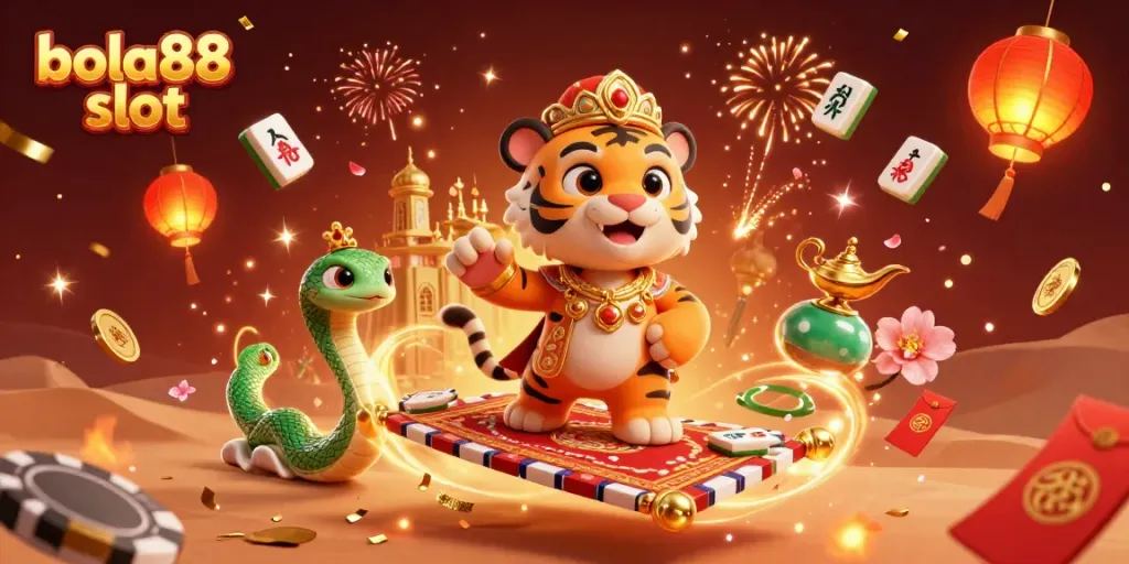 Experience the thrilling bola88 slot action with a vibrant Arabian Nights scene filled with magical casino elements.