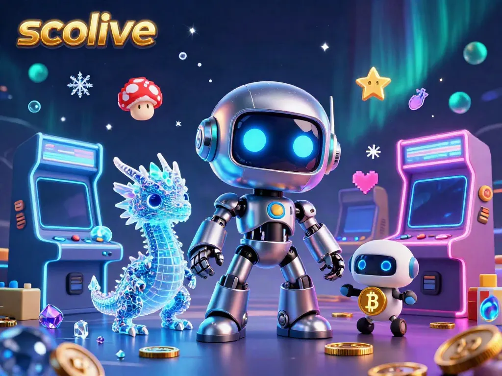 Socolive provides a vibrant gaming experience with a cyberpunk robot, a holographic dragon, and a bitcoin drone in a casino setting.
