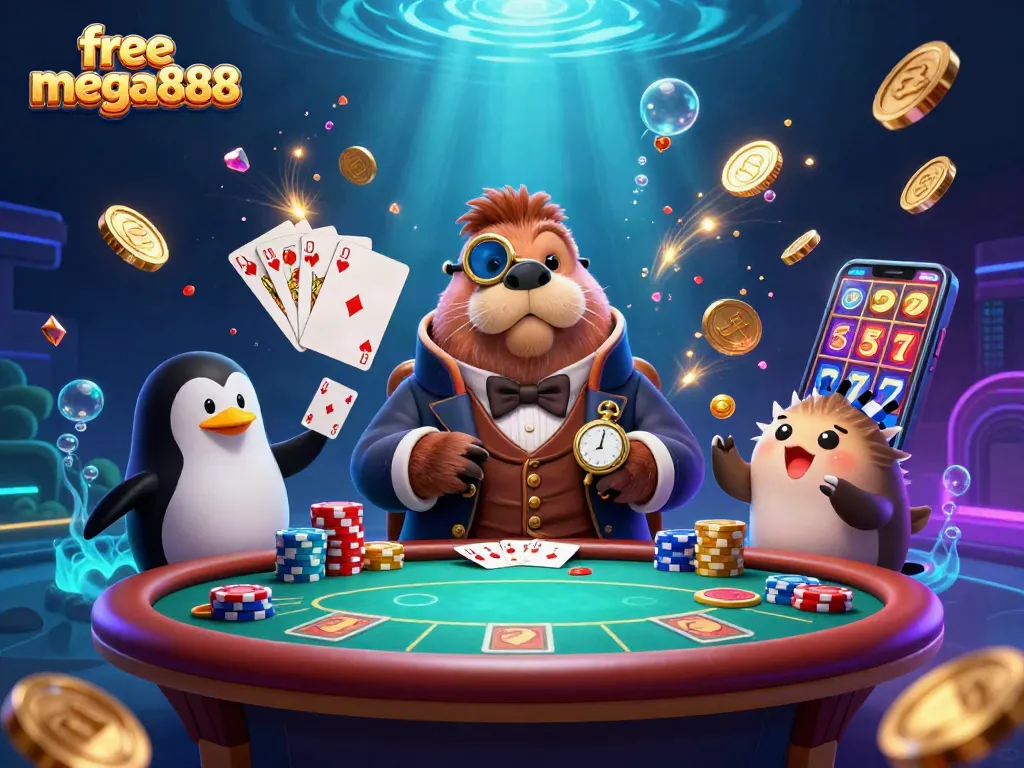 Experience free mega888 with a vibrant scene featuring a walrus at a poker table, dazzling with gems and gold.