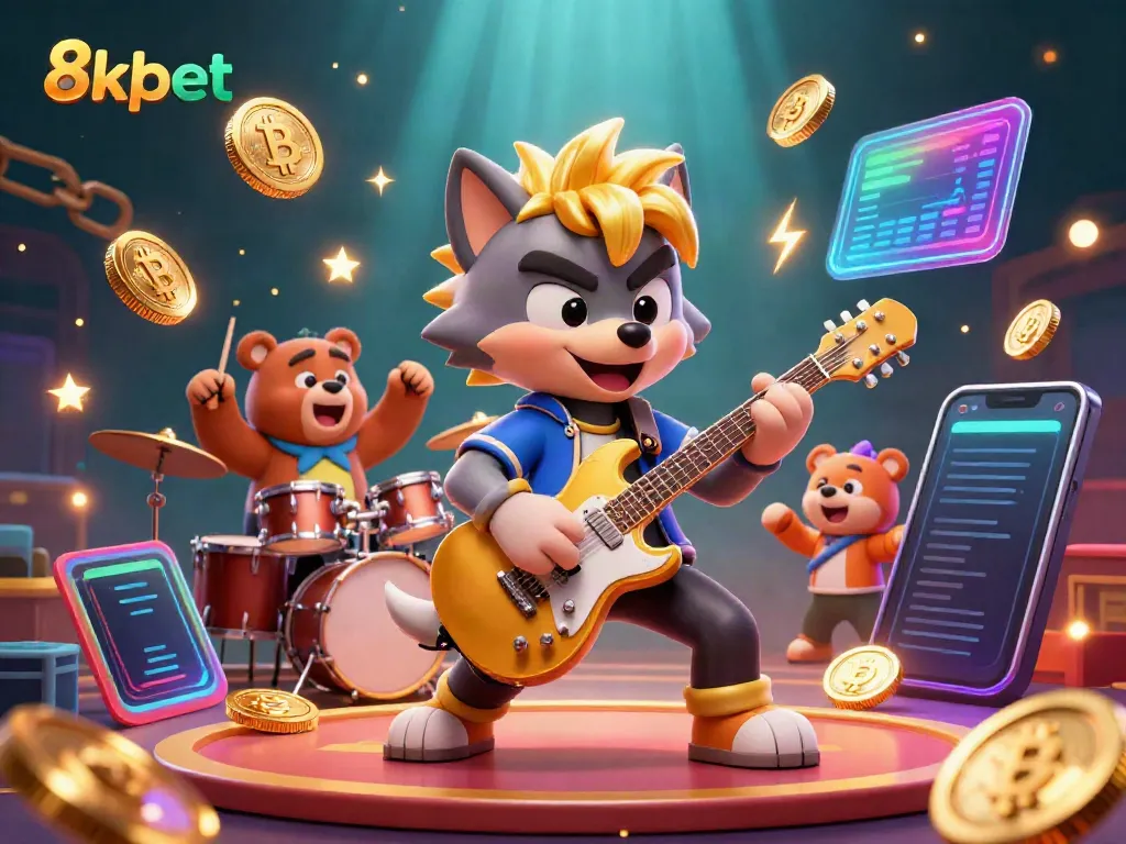 Join the action at 8kbet with a lively casino scene showcasing a rock star wolf and a bear drummer amid neon cryptocurrency elements.