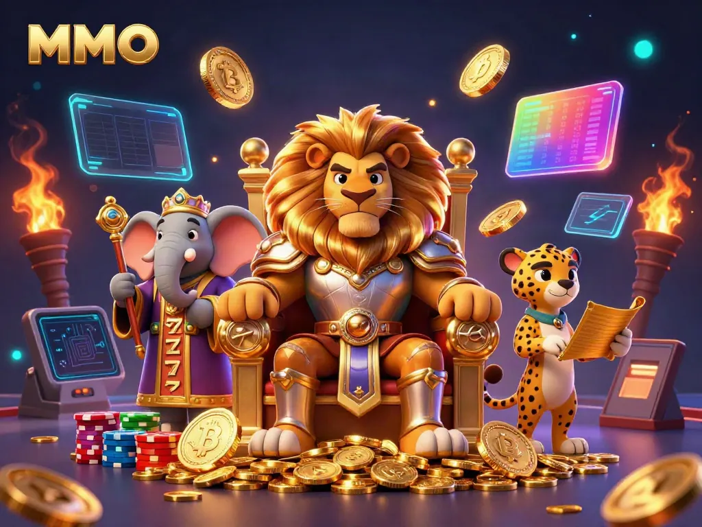 Spin jackpots like a king with MMOO's vibrant casino scene filled with animated characters and thrilling elements.
