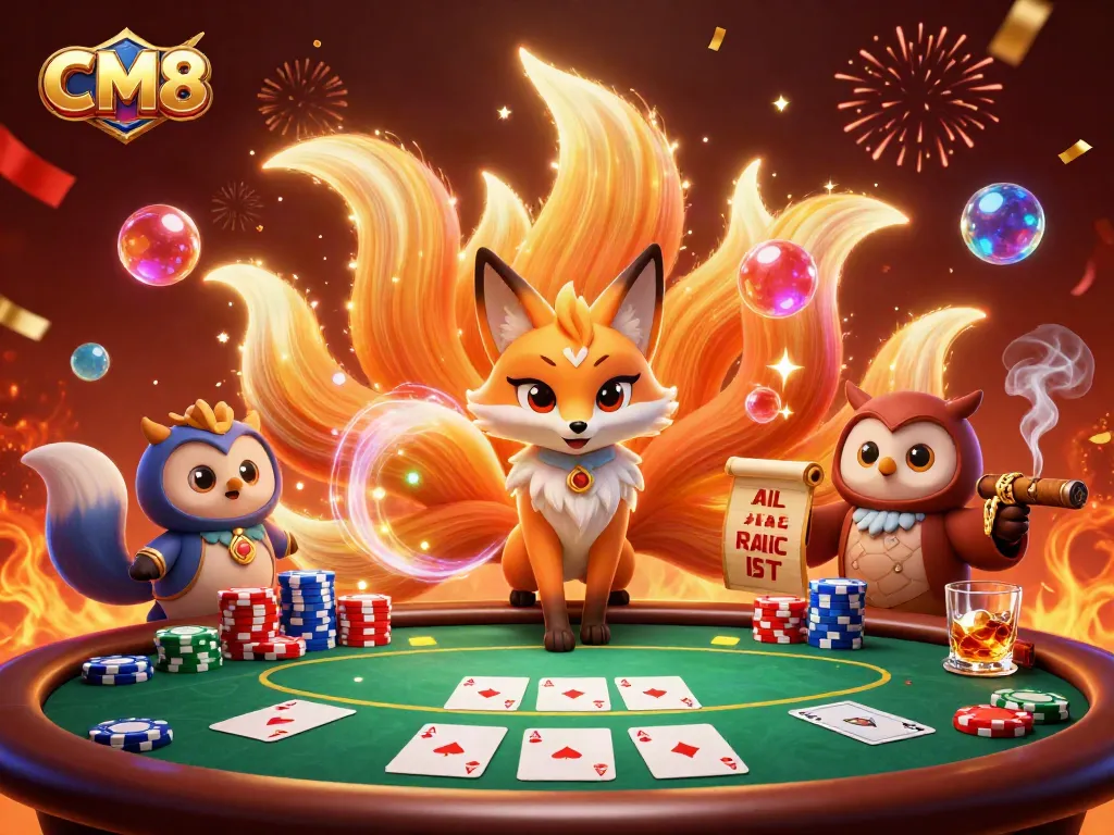 Experience winning strategies with CM8 in a vibrant casino scene featuring poker and celebration.