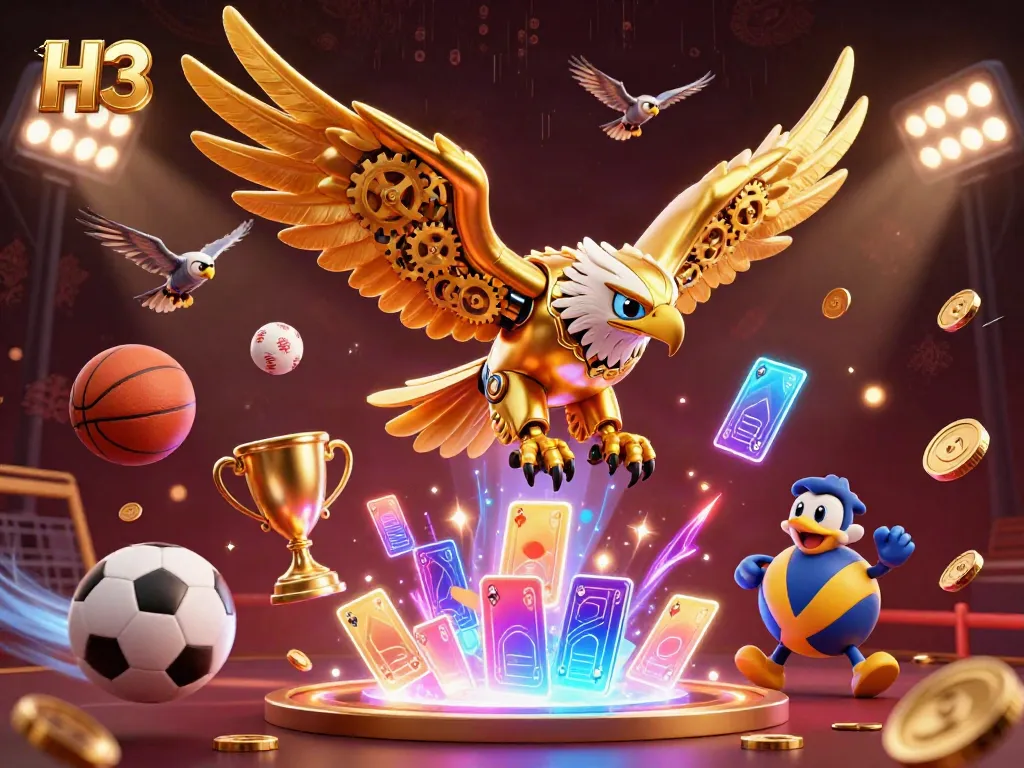 Experience exciting gameplay with H 13 as a cybernetic eagle dives through holographic playing cards.