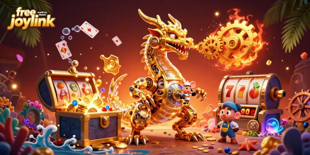 Engage with free credit no deposit joylink offers through a magical 3D illustration featuring a golden dragon.