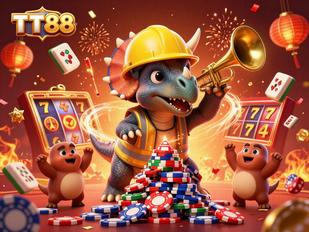 TT88's vibrant scene showcasing a triceratops and celebration elements emphasizing a thrilling online casino experience.