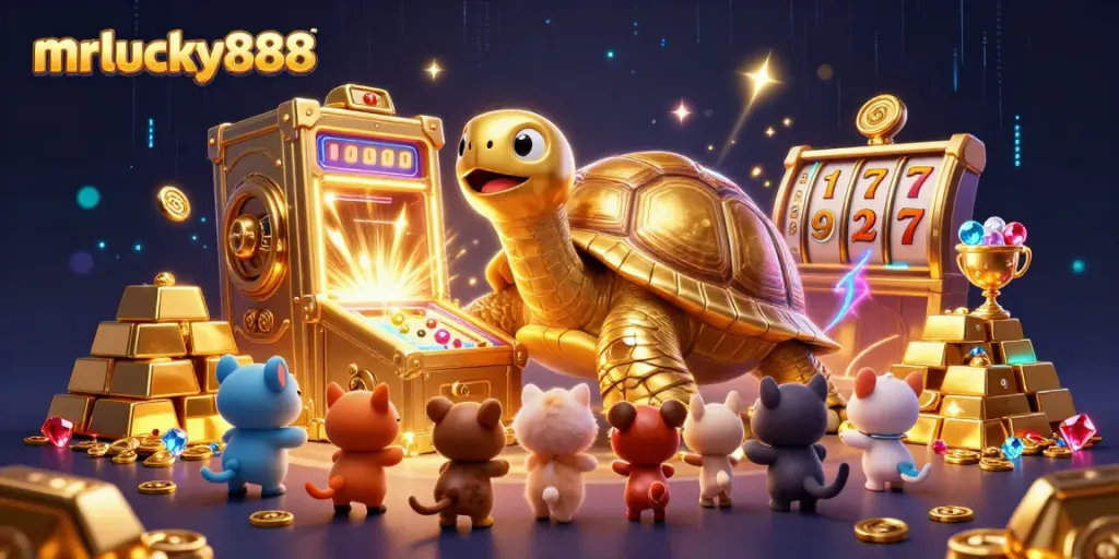 Join mrlucky888 in an exciting casino adventure with a lively tortoise and sparkling treasures!