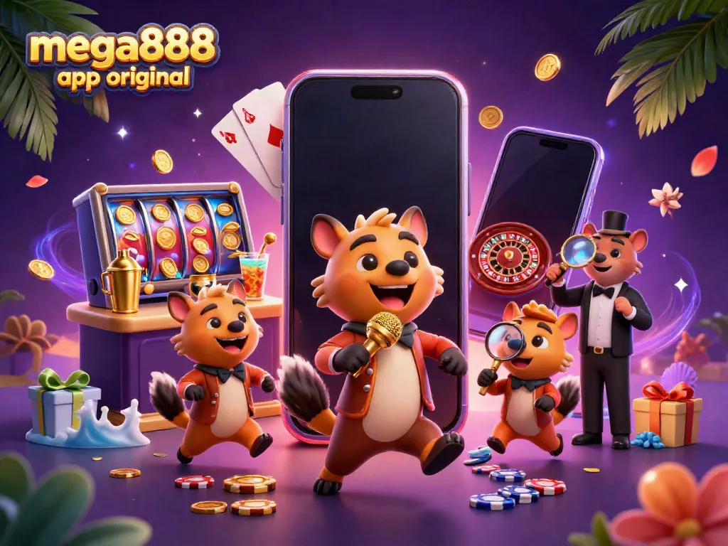 Experience the thrill of the mega888 app original in a vibrant casino scene with hyenas entertaining and games on display.