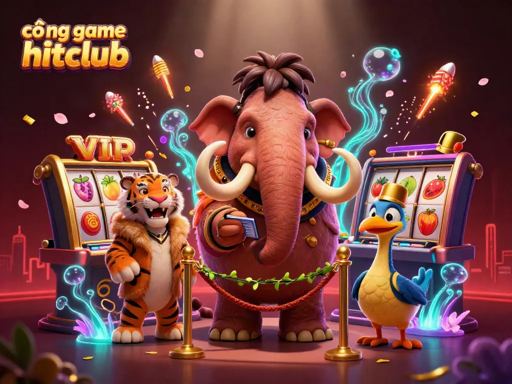 Experience the vibrant world of cổng game hitclub, where a cartoon woolly mammoth bouncer checks IDs surrounded by lively casino elements.
