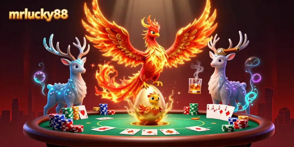 Experience the thrill at mrlucky88 with a dazzling fantasy scene featuring a phoenix, poker elements, and vibrant casino ambiance.