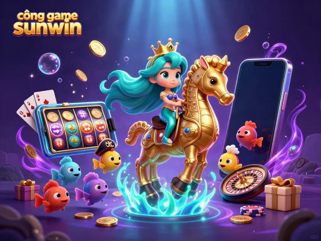 Experience the excitement at cổng game sunwin with a vibrant underwater casino scene featuring a mermaid and dynamic gaming elements.