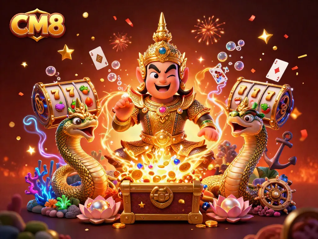 Experience thrilling action with CM8's dynamic slots scene featuring vibrant guardians and rich treasures.