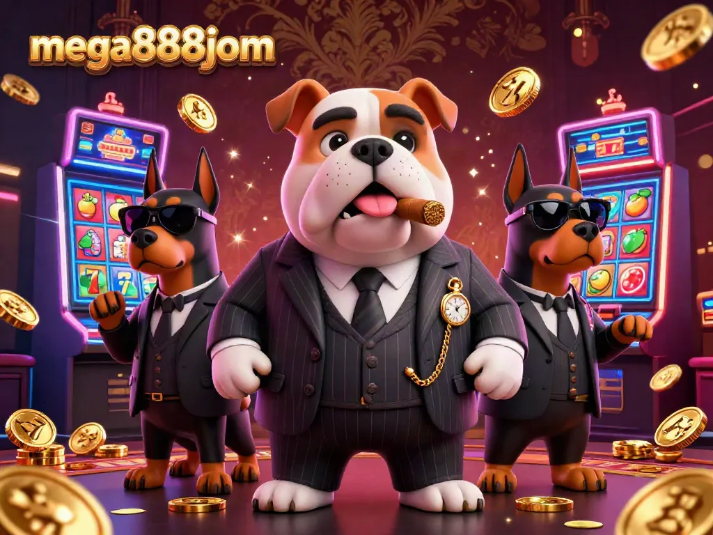 Experience the thrill of mega888jom with a vibrant casino scene featuring a bulldog mafia boss and his Doberman bodyguards.