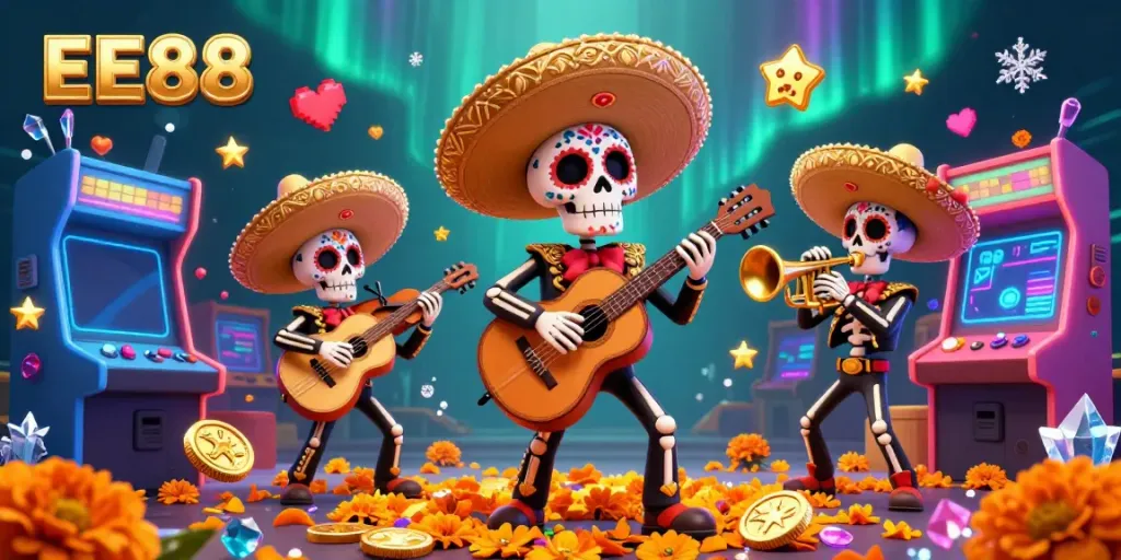 Engage with EE88's vibrant online casino world featuring a dynamic mariachi band amidst glowing arcade game elements.