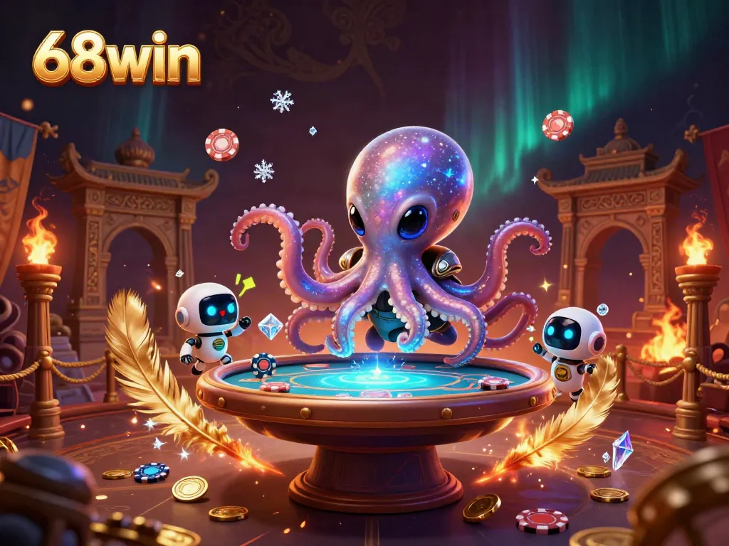 Experience thrilling games at 68win with vibrant alien landscapes, poker tables, and colorful tokens.