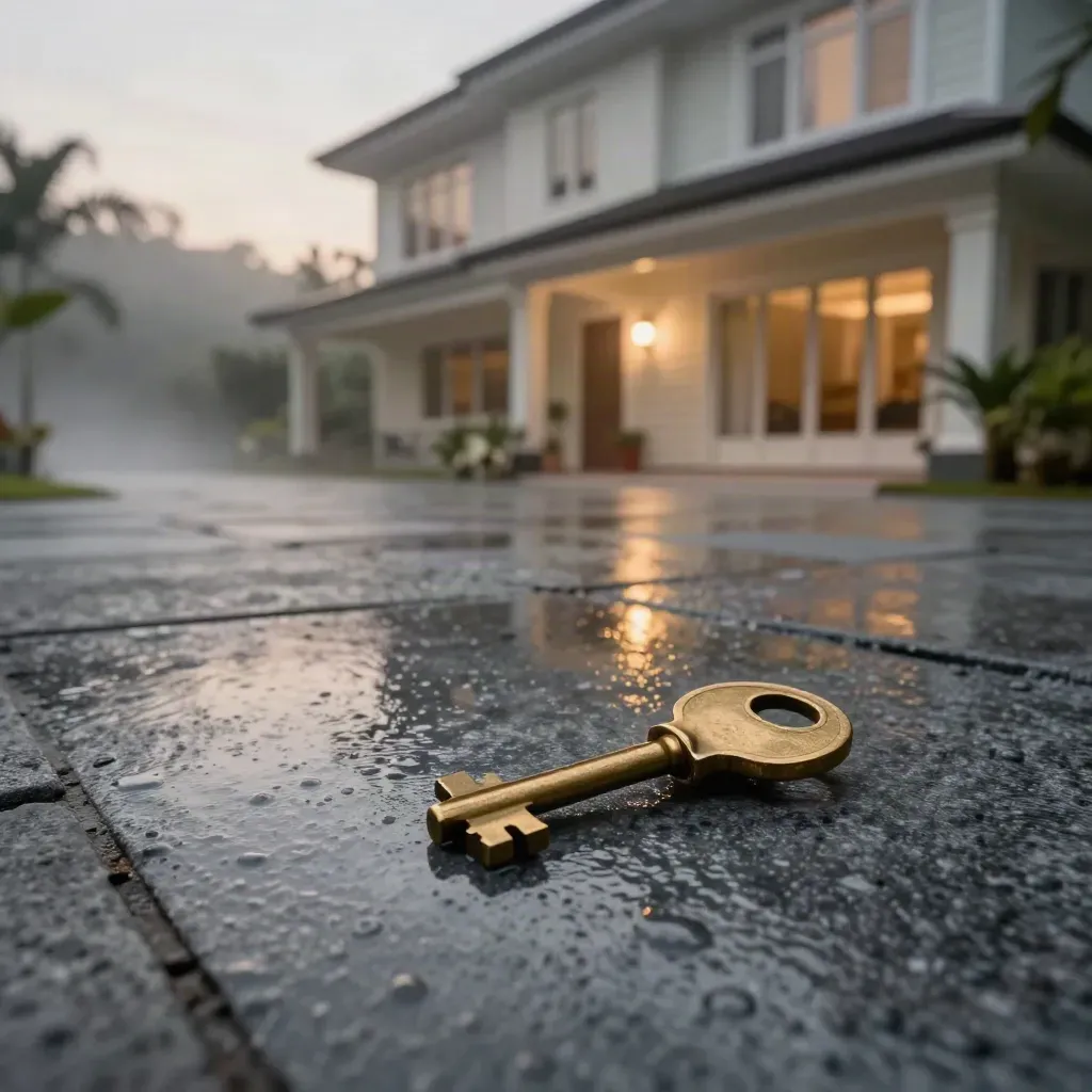 Rumah dua tingkat Malaysia dengan driveway batu basah, kunci gangsa dan cahaya pagi berkabus.