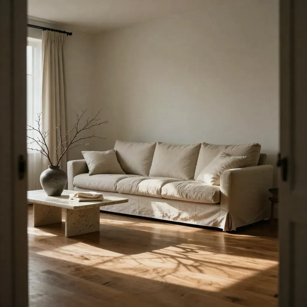 Ruang tamu dikemas untuk lawatan, sofa tengah, lantai berkilat, langsir tertutup dan pasu dahan.