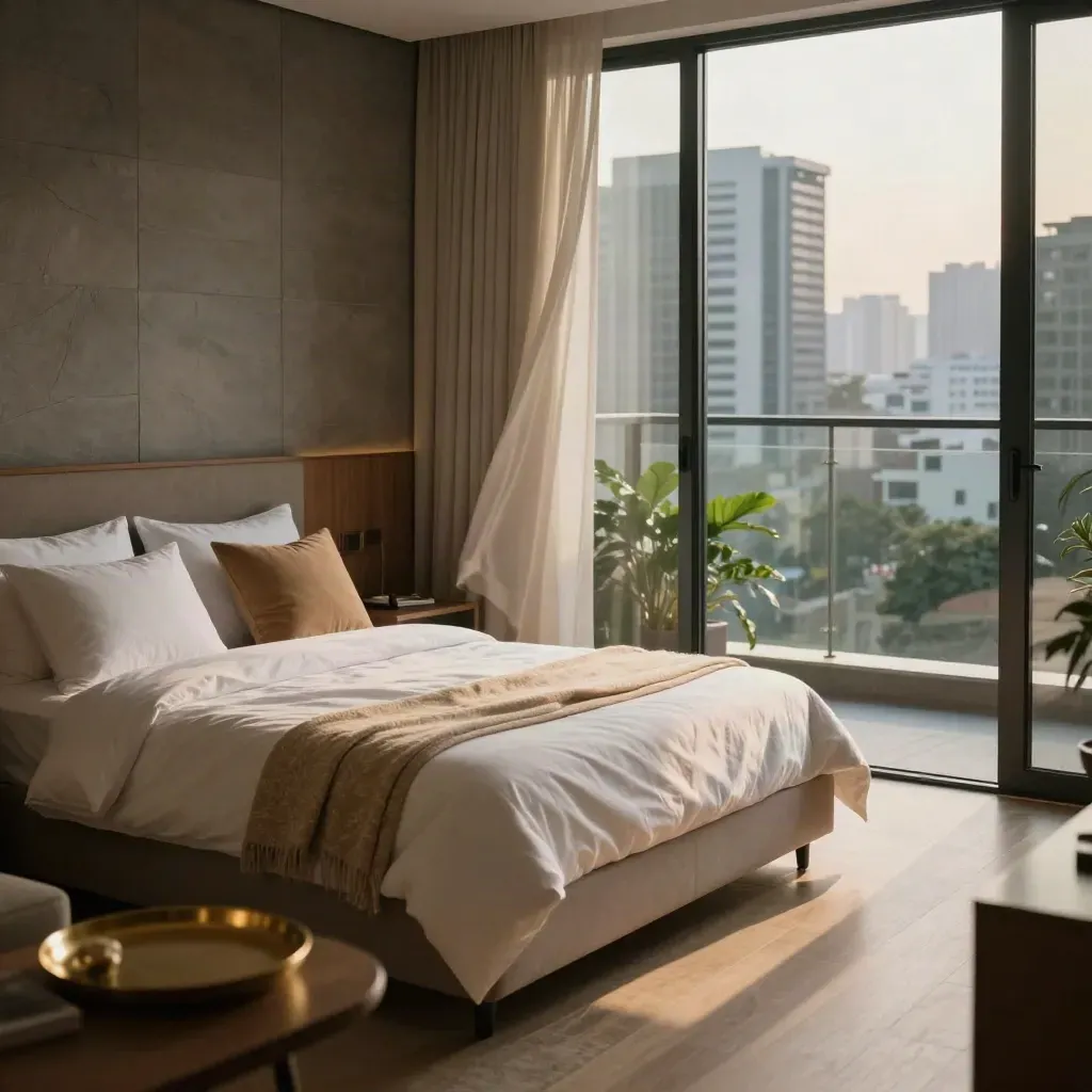 Ruang tamu servis apartment Bangsar, katil siap kemas, pintu balkoni terbuka dan tanaman segar di ambang.