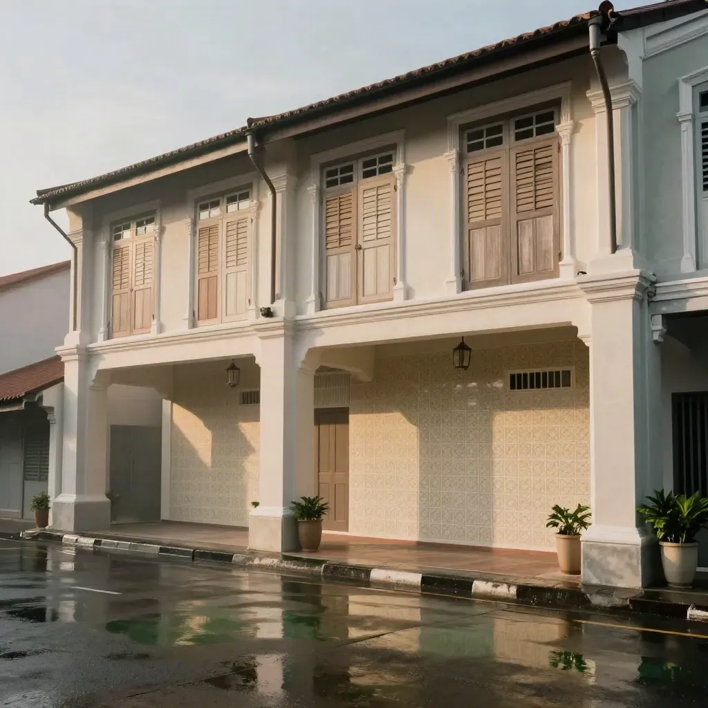 Fasad rumah teres Pulau Pinang dipulihara, lantai basah memantulkan hijau jalanan.