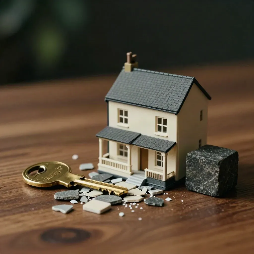 Kunci rumah gangsa dan model rumah teres kecil atas permukaan kayu walnut.