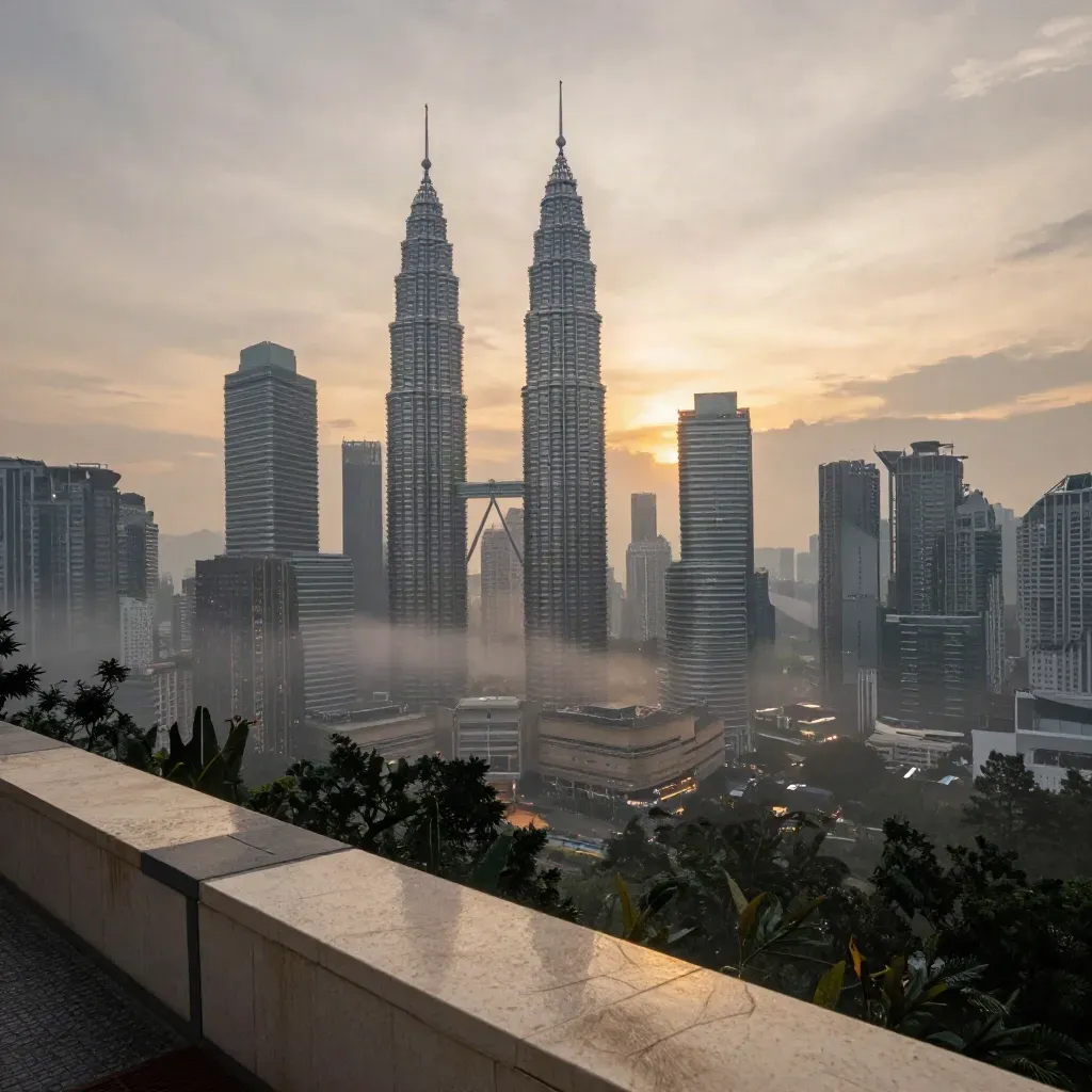 Langit Kuala Lumpur selepas monsun, Menara Berkembar di atas kabus bukit.