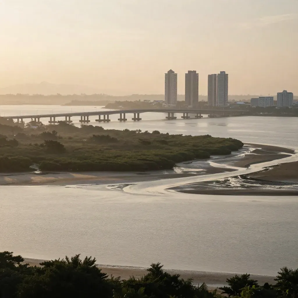 Pemandangan Johor Bahru dan Iskandar Puteri dari pesisir berkabus waktu pagi.