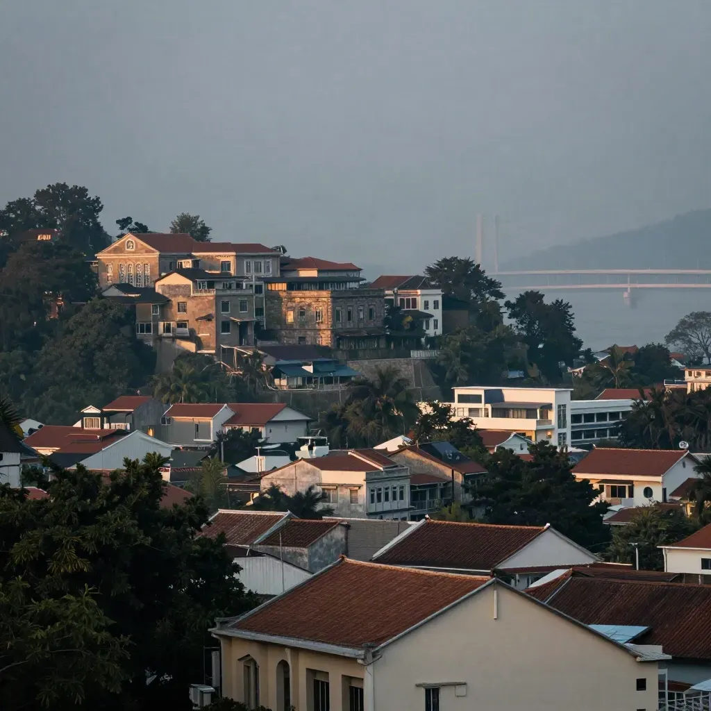 Pemandangan George Town dari Penang Hill waktu senja, jambatan jauh dan bumbung bersejarah diselubungi kabus laut.