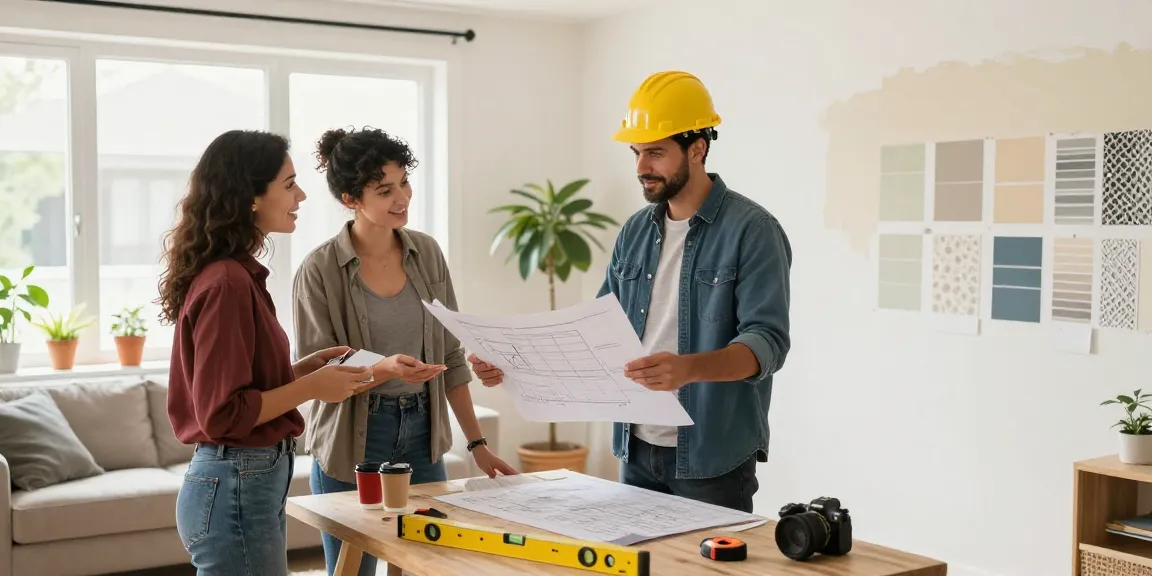 General contractor near me Toronto discussing renovation plans with homeowners in a bright living room