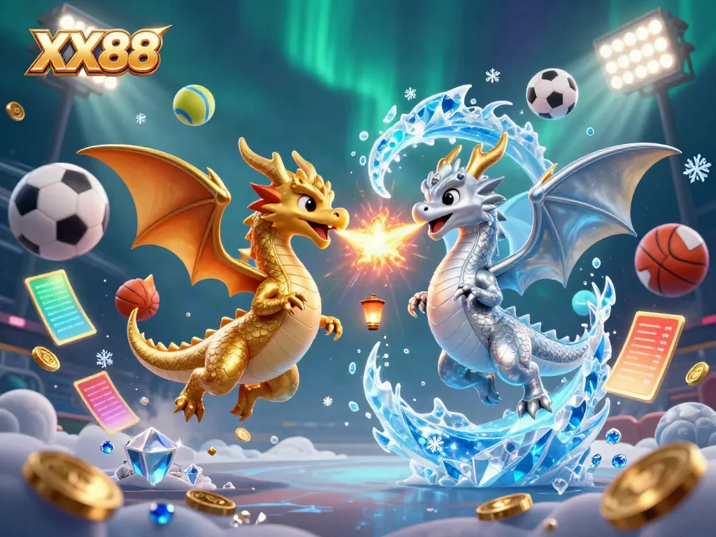 Win big with XX88 in this dynamic casino scene featuring dragons and sports elements.