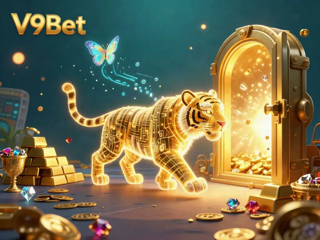 V9Bet features a vibrant 3D casino illustration dominated by a golden tiger and sparkling treasures.