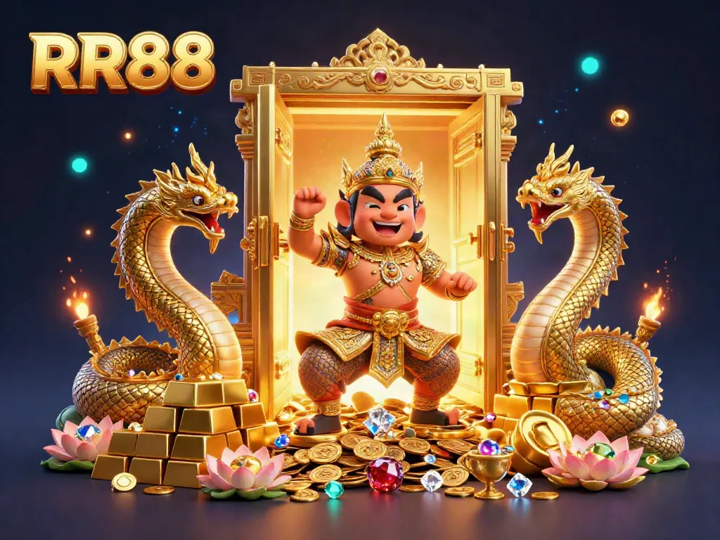 Experience the thrill of RR88 with golden treasures and enchanting characters in this vibrant casino illustration.