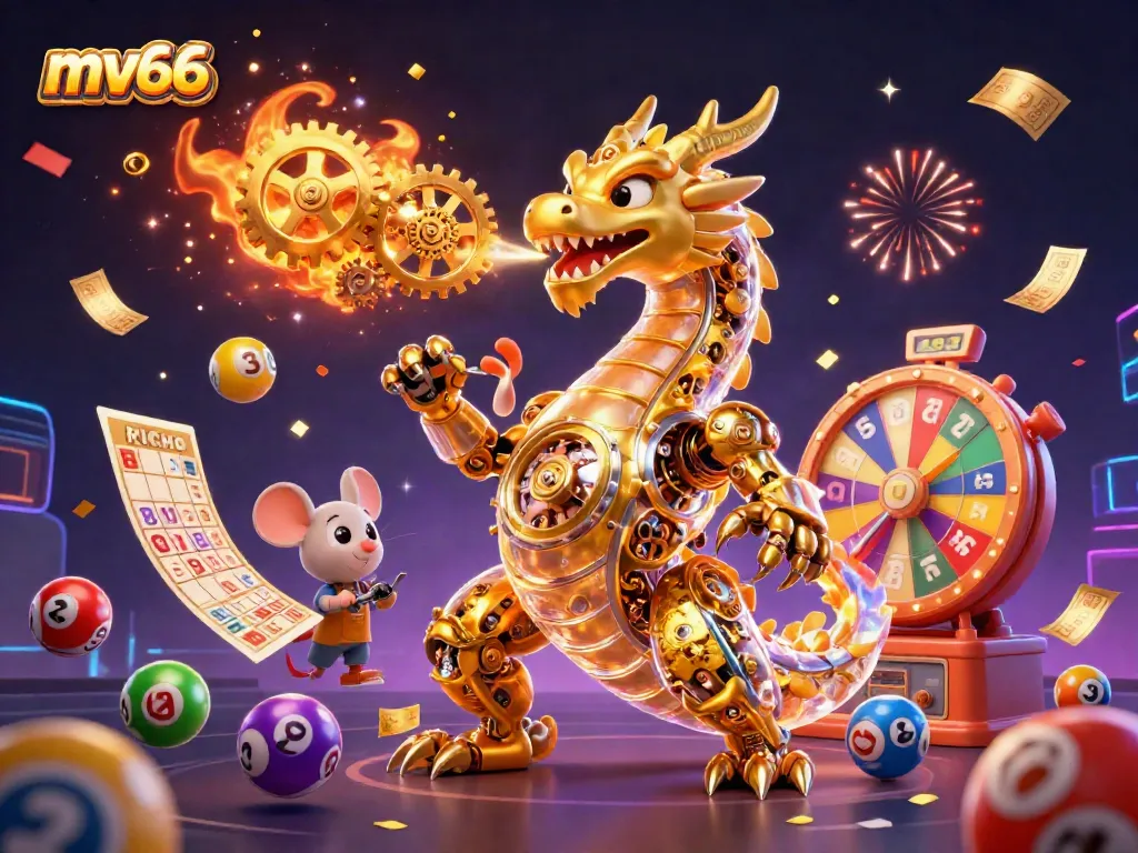 Experience thrilling gaming adventures with mv66 - a vibrant 3D illustration of a golden dragon and casino elements.