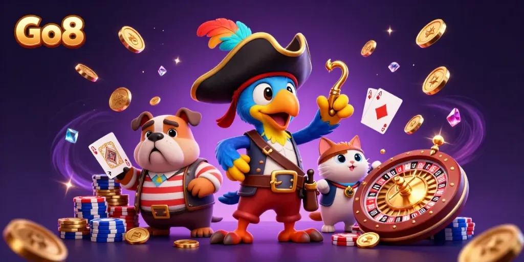 Experience Go8's thrilling gameplay with pirate-themed casino characters amidst cascading chips and coins.