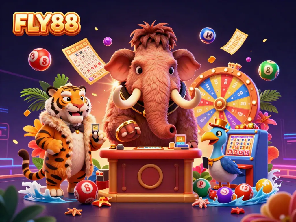 Experience FLY88 excitement with a vibrant casino scene featuring a woolly mammoth bouncer, VIP saber-tooth tiger, and colorful lottery elements.
