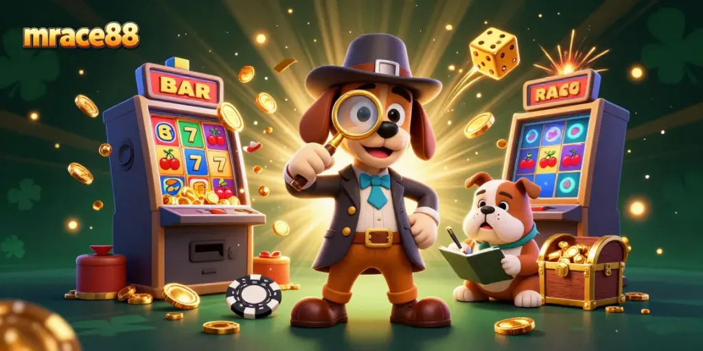 Experience mrace88's thrilling casino adventure with detective characters, slot machines, and exciting gaming elements.
