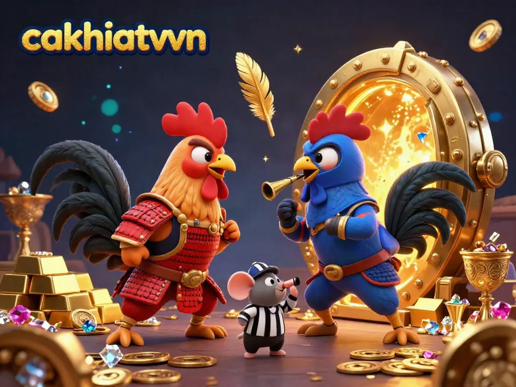 Cakhiatvvn showcases a dynamic standoff between cartoon roosters in a lavish casino-themed illustration, highlighting energetic gambling elements.
