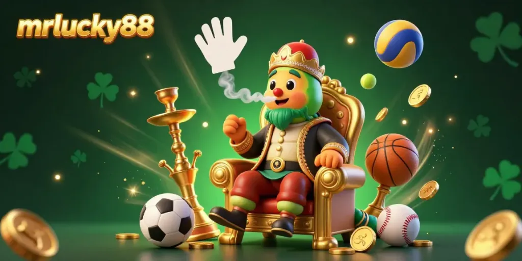 Engage with mrlucky88's vibrant casino spirit, where a hookah-master forms winning poker symbols while golden coins scatter joyfully.