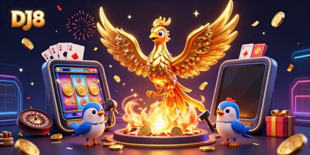 Experience thrilling wins with DJ8 in this vibrant casino-themed illustration featuring a golden phoenix.