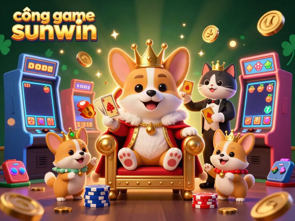 Experience the thrill of cổng game sunwin with this vibrant illustration featuring a royal corgi surrounded by colorful slots and arcade elements.