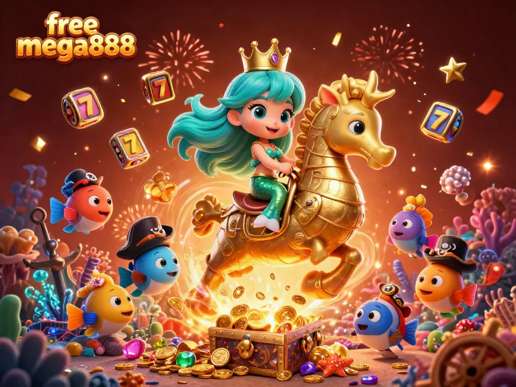 Experience the excitement of free mega888 with a vibrant underwater casino-themed scene featuring a mermaid princess and her seahorse companion.