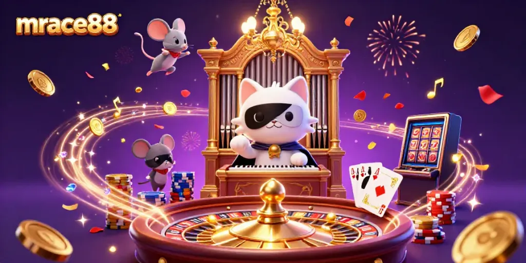 Spin the reels and win with mrace88 in this vibrant casino scene filled with excitement.